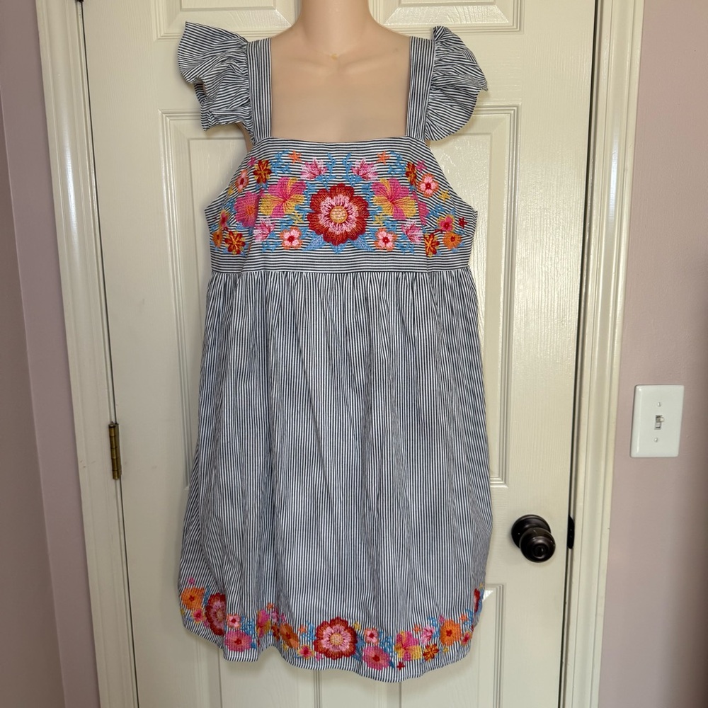 Savanna Jane Dress Large Floral Embroidered Striped Blue Ruffle Shift Travel